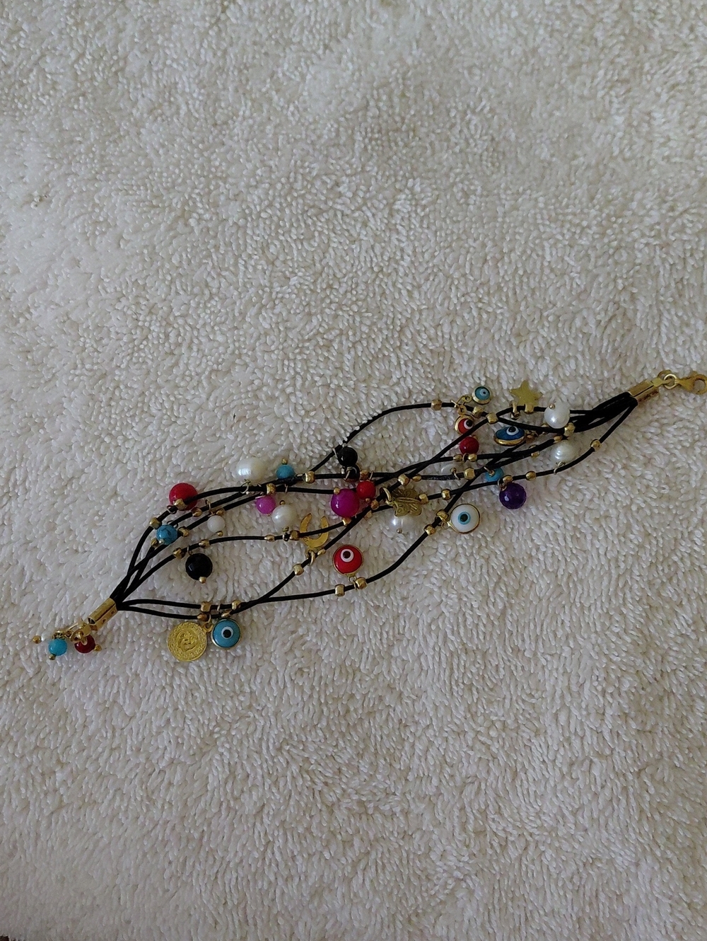 Good Luck Evil Eye Multi-Strand Beaded Charm Bracelet - Red, Blue, White, Gold